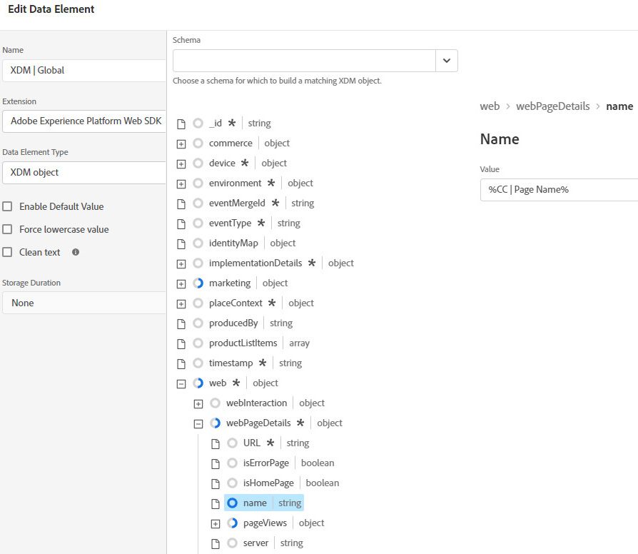 the XDM object data element type provides a visual guide for the schema