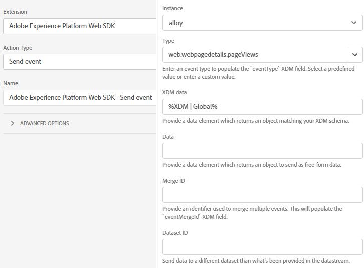 send a page view with web sdk with eventType as web.webpagedetails.pageViews