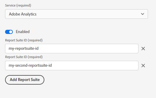 add adobe analytics to the datastream, provide report suite ids