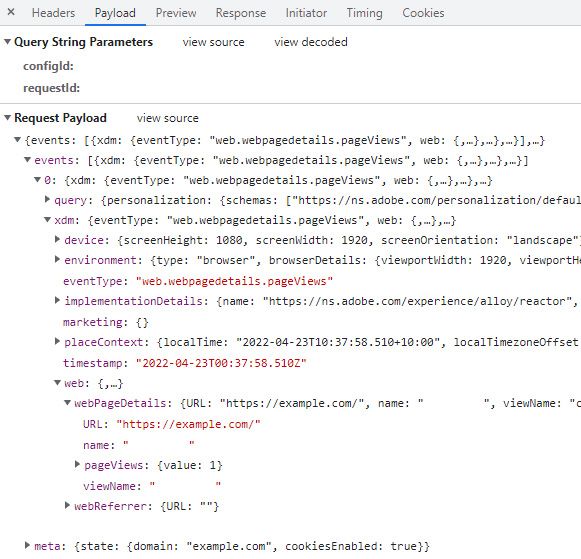 the request to the aep edge network should contain an events object which includes the data sent in xdm format