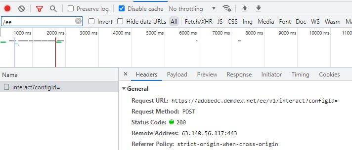 filter requests with /ee to find requests to the aep edge network in the browser network tab