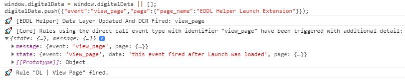 eddl helper console logs show the view_page event payload