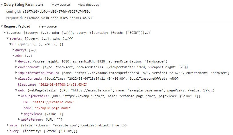 data sent via web sdk can be seen in the network request payload (device, environment, implementationDetails, placeContext, timestamp, web)
