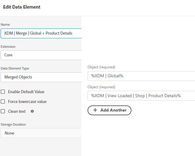 the merged objects data element type lets you specify two XDM object data elements as the input, and the output is the merged state of both